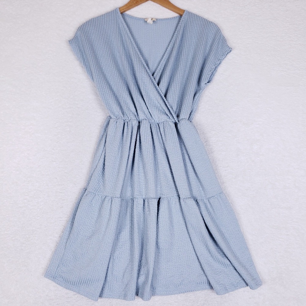 Caution to‎ the Wind Textured Tiered Dress Large Blue Knit Elastic Waist Soft